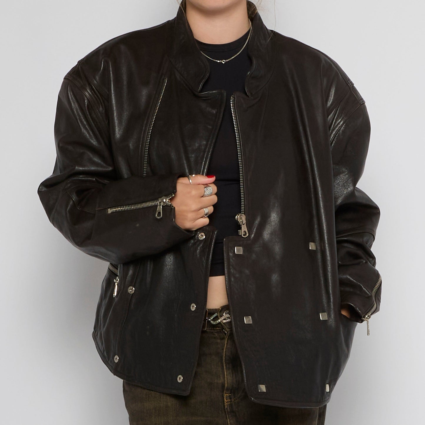 Collarless Single Breasted Zipped Leather Jacket - UK 14