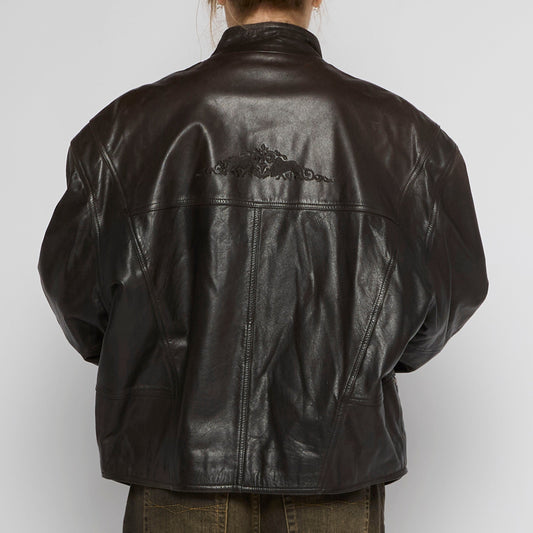 Oversized Biker Style Leather Jacket with embroidery  - UK 14