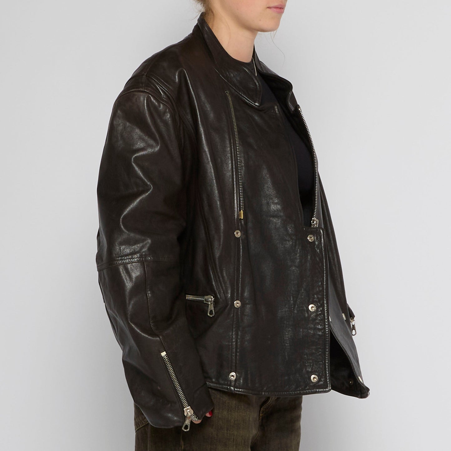 Oversized Biker Style Leather Jacket with embroidery  - UK 14