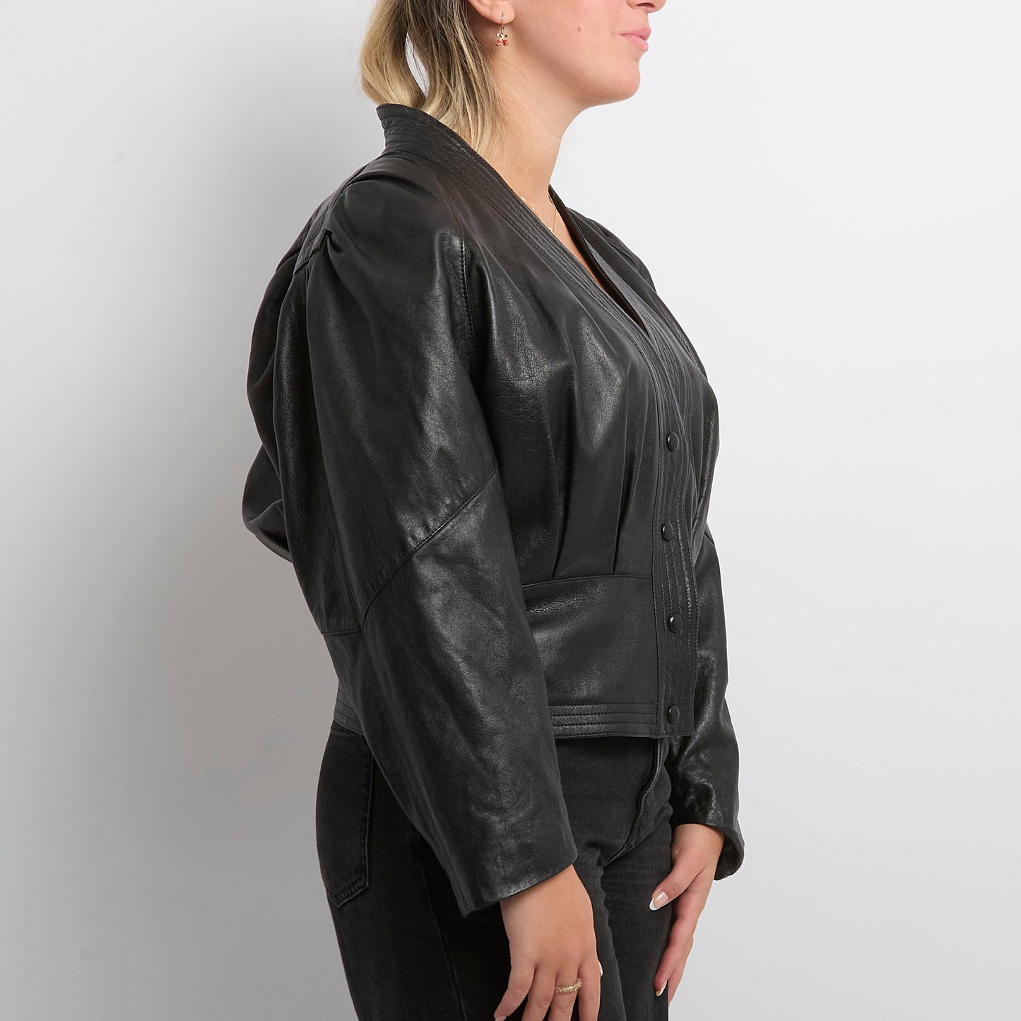 Collarless Popper Leather Jacket - UK 14