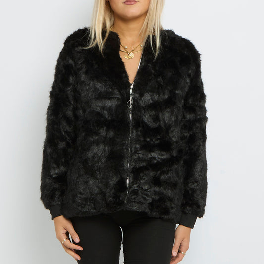 Faux Fur Zip up Cuffed Jacket- UK 14