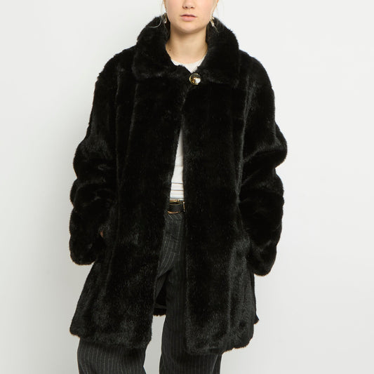 Faux Fur Long Haired Flared Trench Coat - UK 14