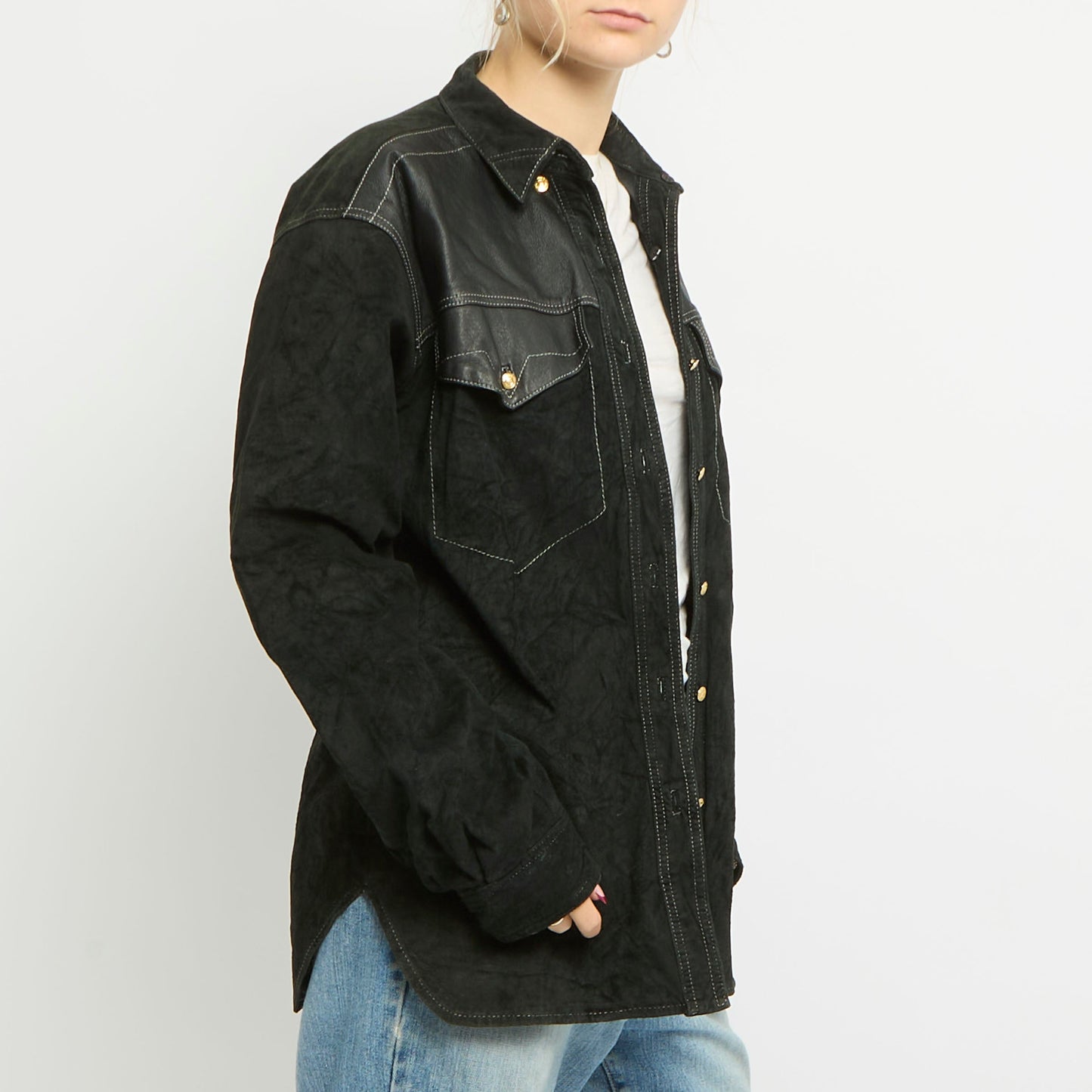 Contrast Stitch Leather Detail Suede Shirt Jacket - UK 14