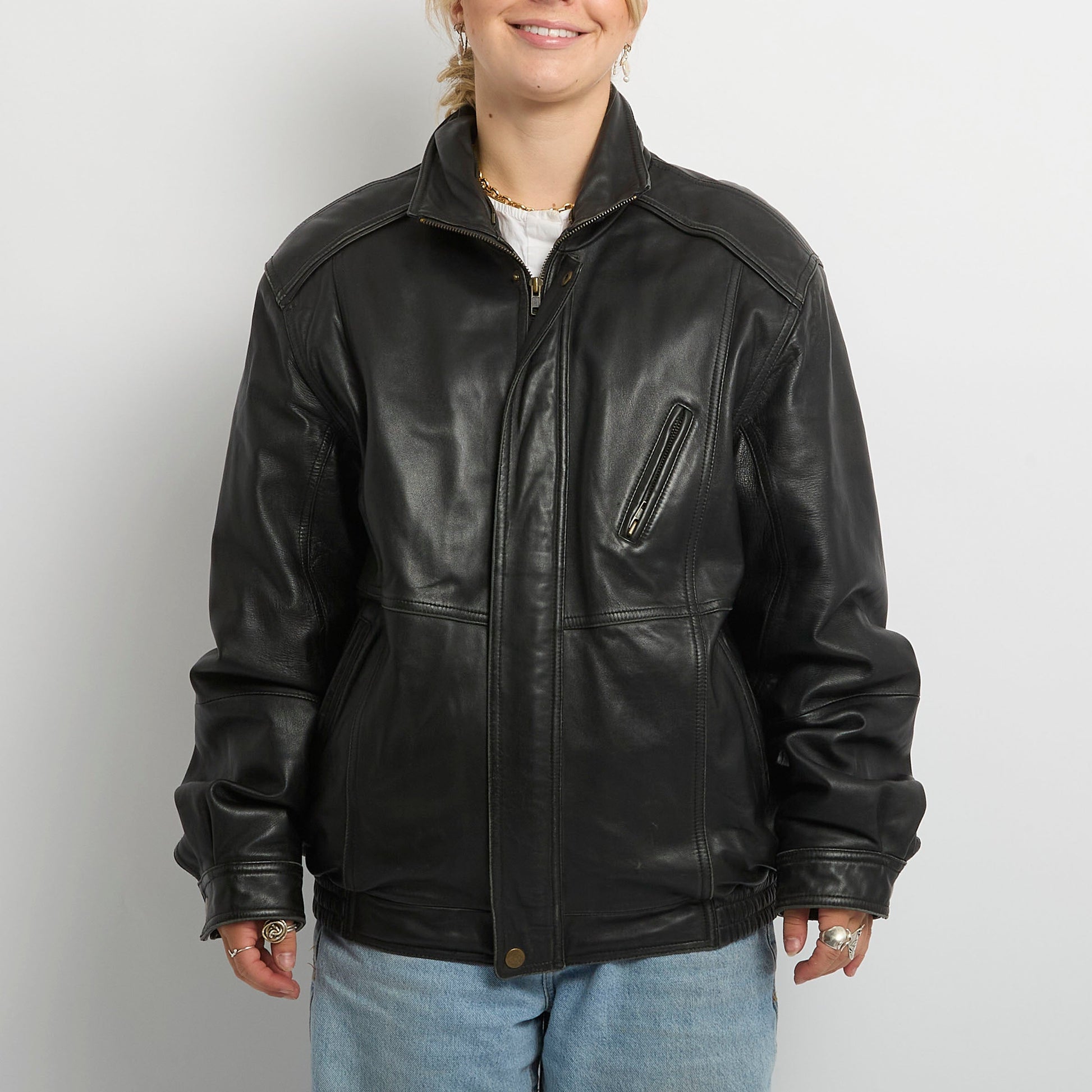 Leather High Neck Zip Detailing Full Zip Jacket - UK 14