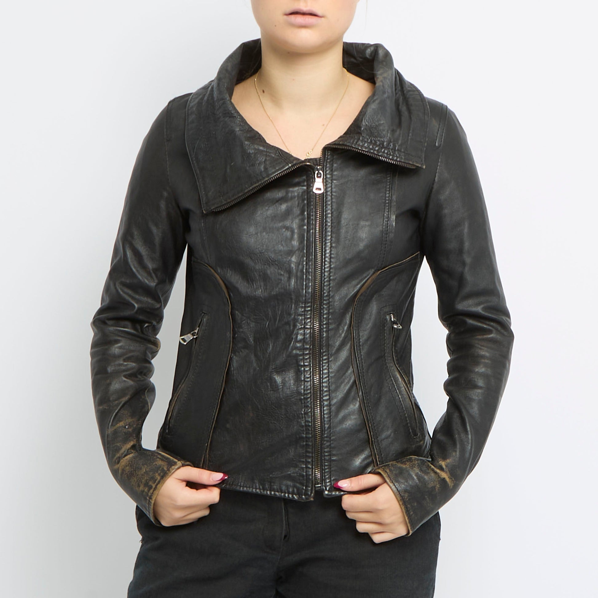 Double Breasted Long Leather Jacket - UK 14