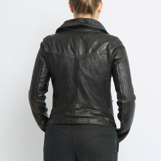 Double Breasted Long Leather Jacket - UK 14