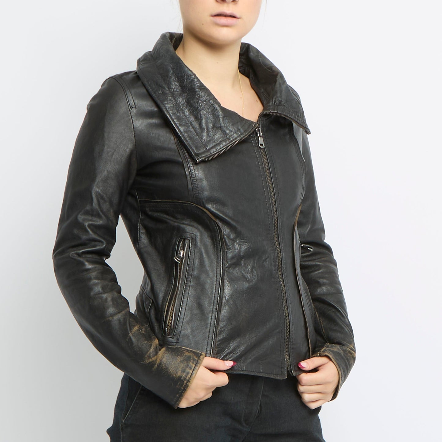 Double Breasted Long Leather Jacket - UK 14