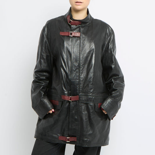 Buckle Detail Long Leather Jacket - UK 14