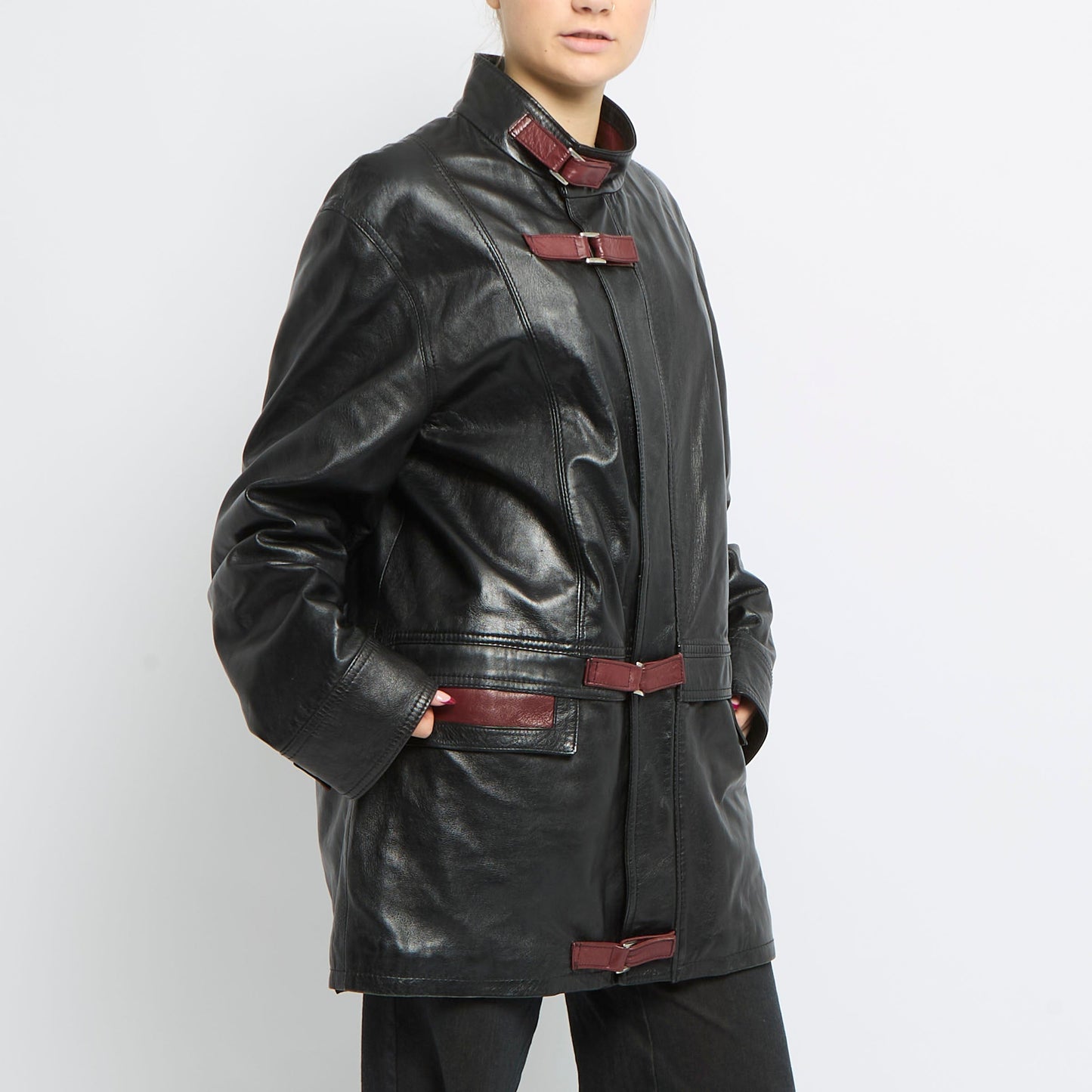 Buckle Detail Long Leather Jacket - UK 14