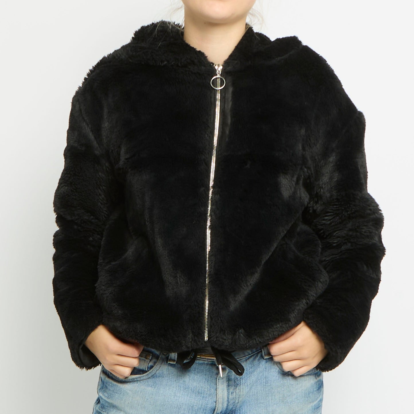 Drawstring Hooded Faux Fur Coat -UK 14