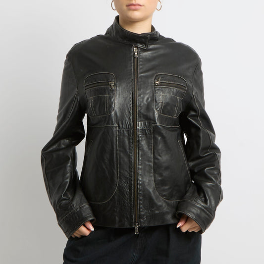 Contrast Stitch Dup Zip Faux Leather Jacket - UK 14