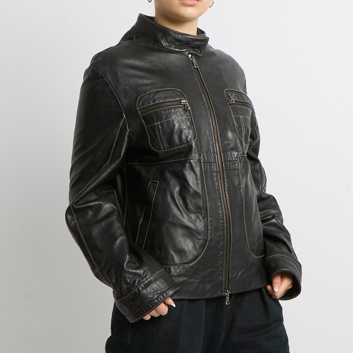 Contrast Stitch Dup Zip Faux Leather Jacket - UK 14