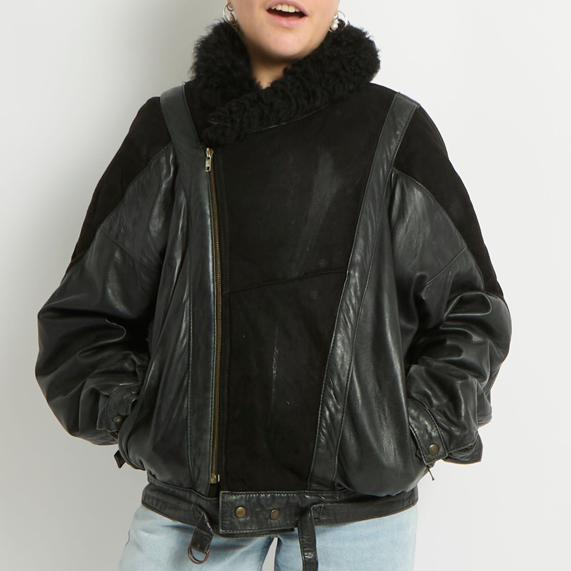 Suede Detail Fur Collar Bomber Jacket - UK 14