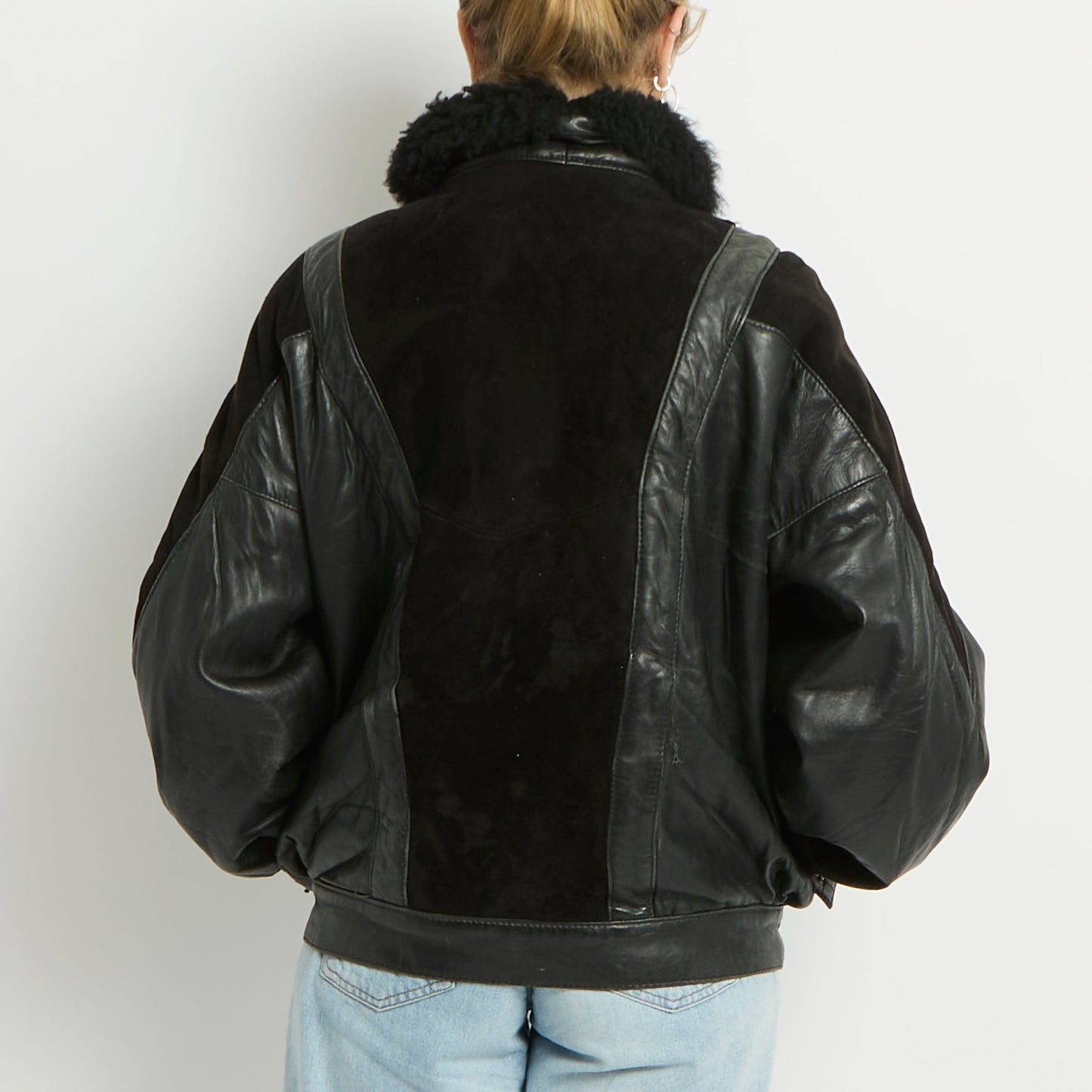 Suede Detail Fur Collar Bomber Jacket - UK 14