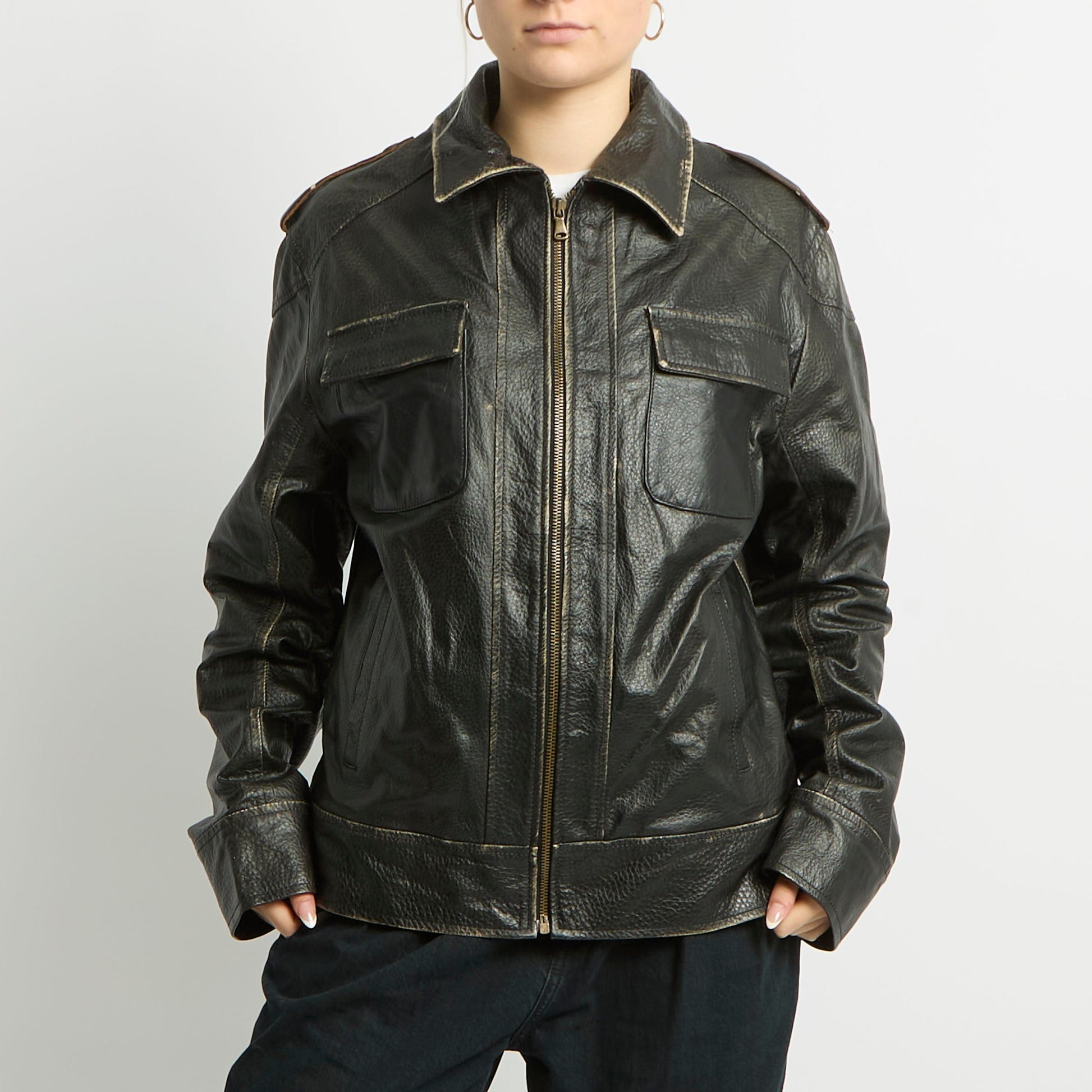 Distressed Leather Shirt Style Jacket - UK 14