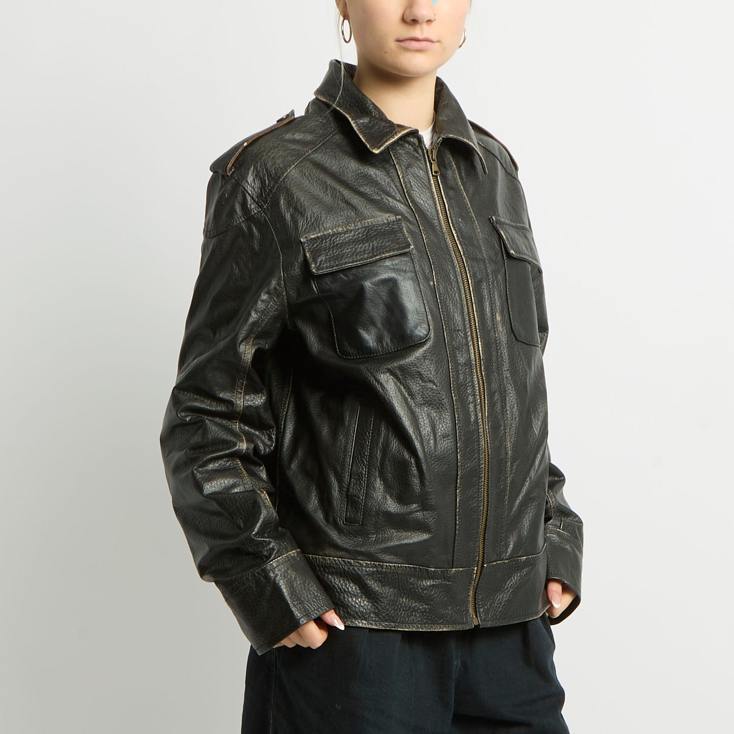 Distressed Leather Shirt Style Jacket - UK 14