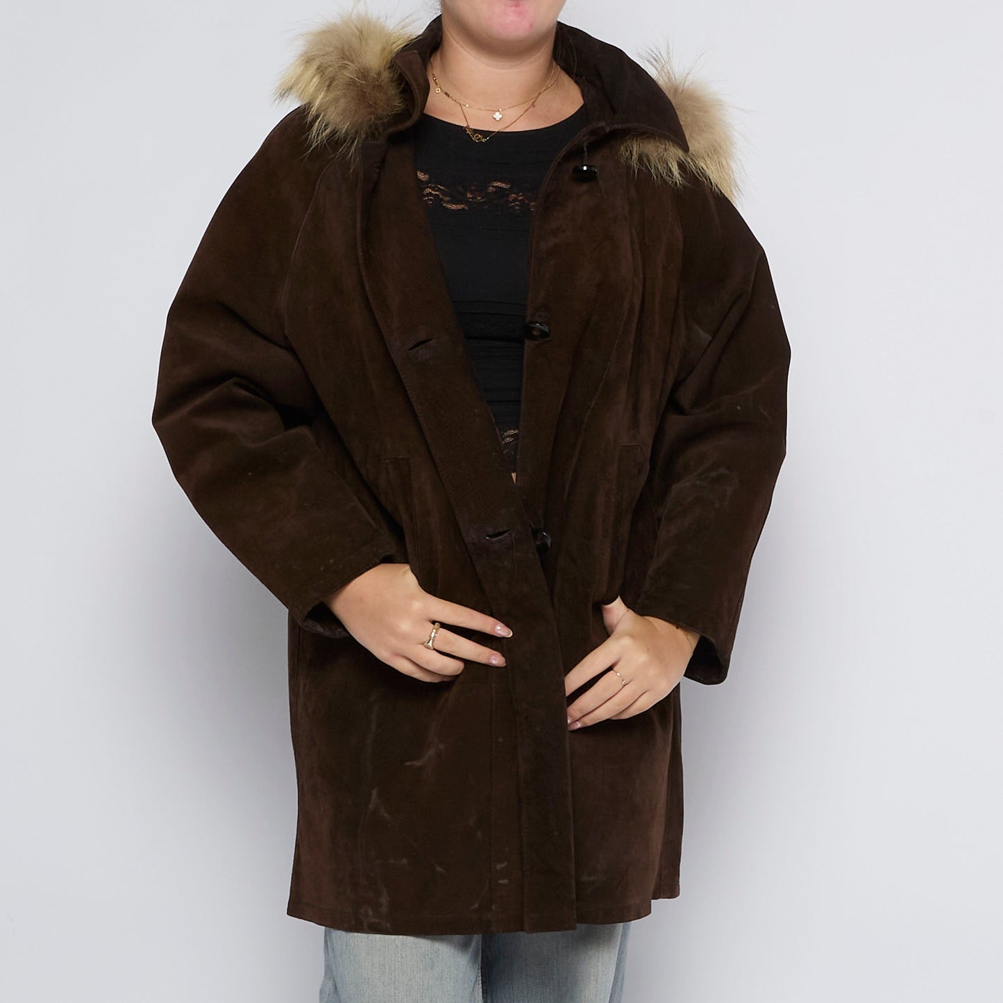 Fur Trim Hood Long Suade Jacket - UK 14