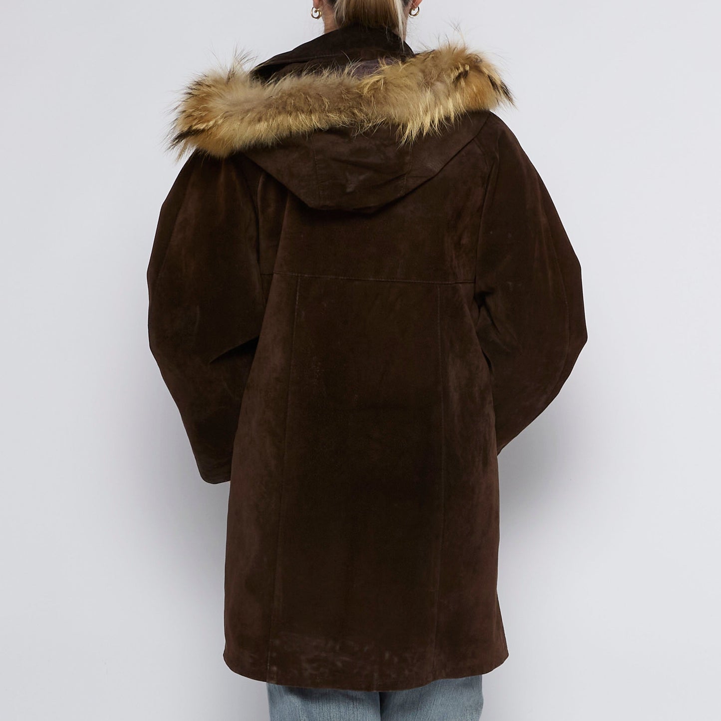 Fur Trim Hood Long Suede Jacket - UK 14