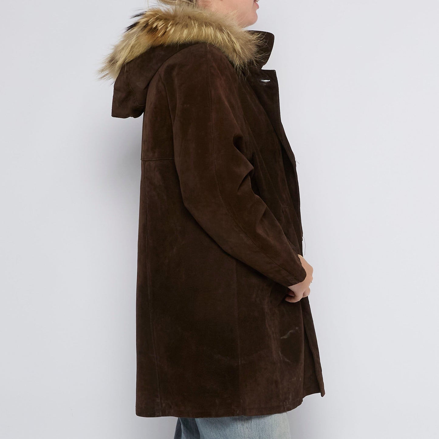 Fur Trim Hood Long Suede Jacket - UK 14