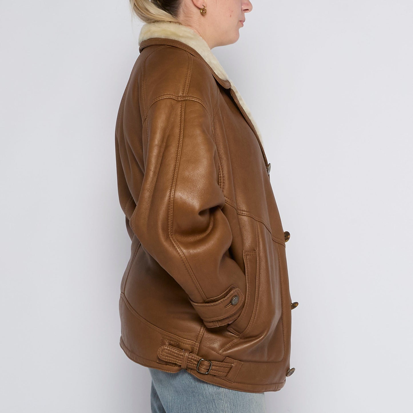 Fur Lined Bomber Leather Jacket - UK 14