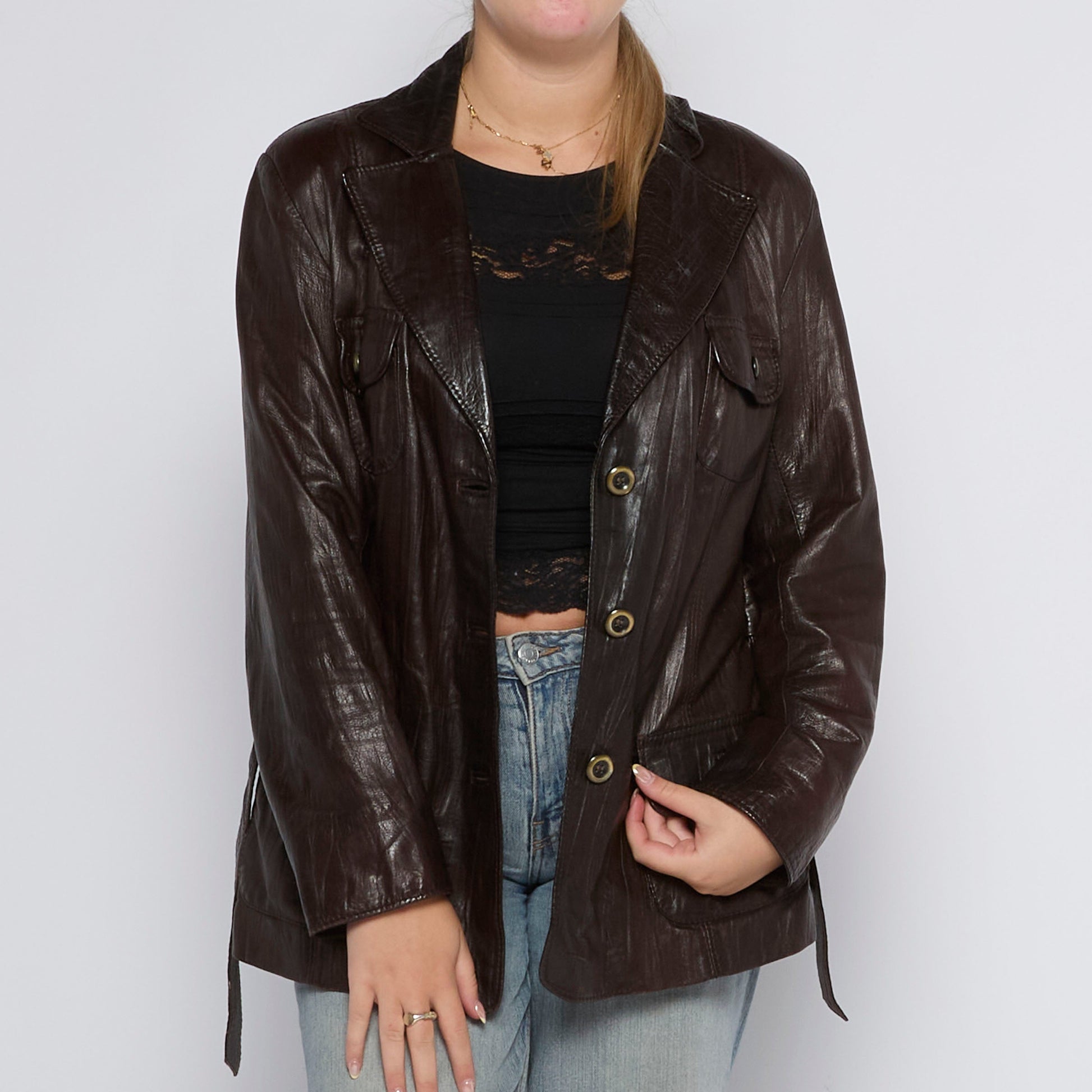 Double Breasted Pocketed Leather Jacket - UK 14