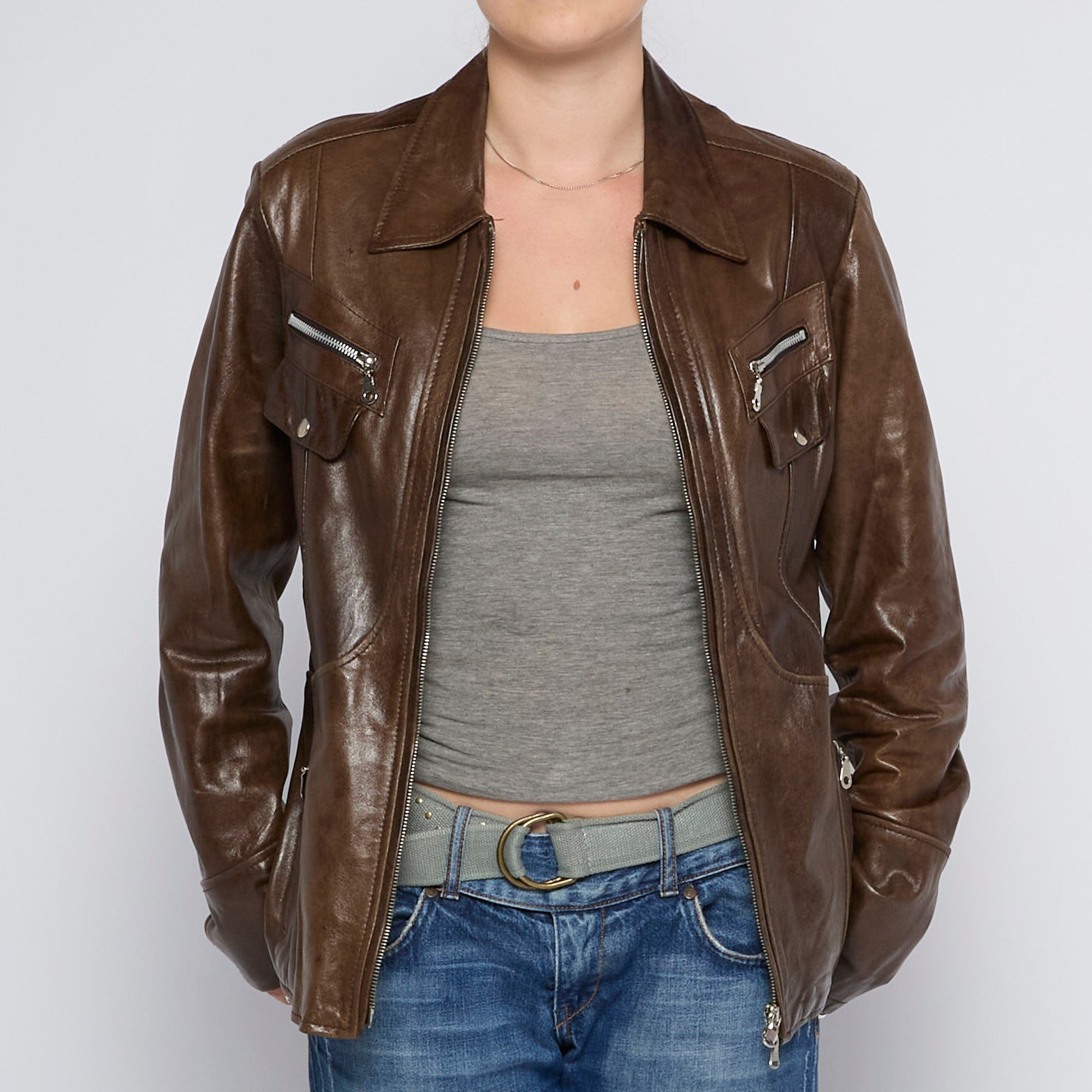 Pocketed Full Zip Leather Jacket - UK 14