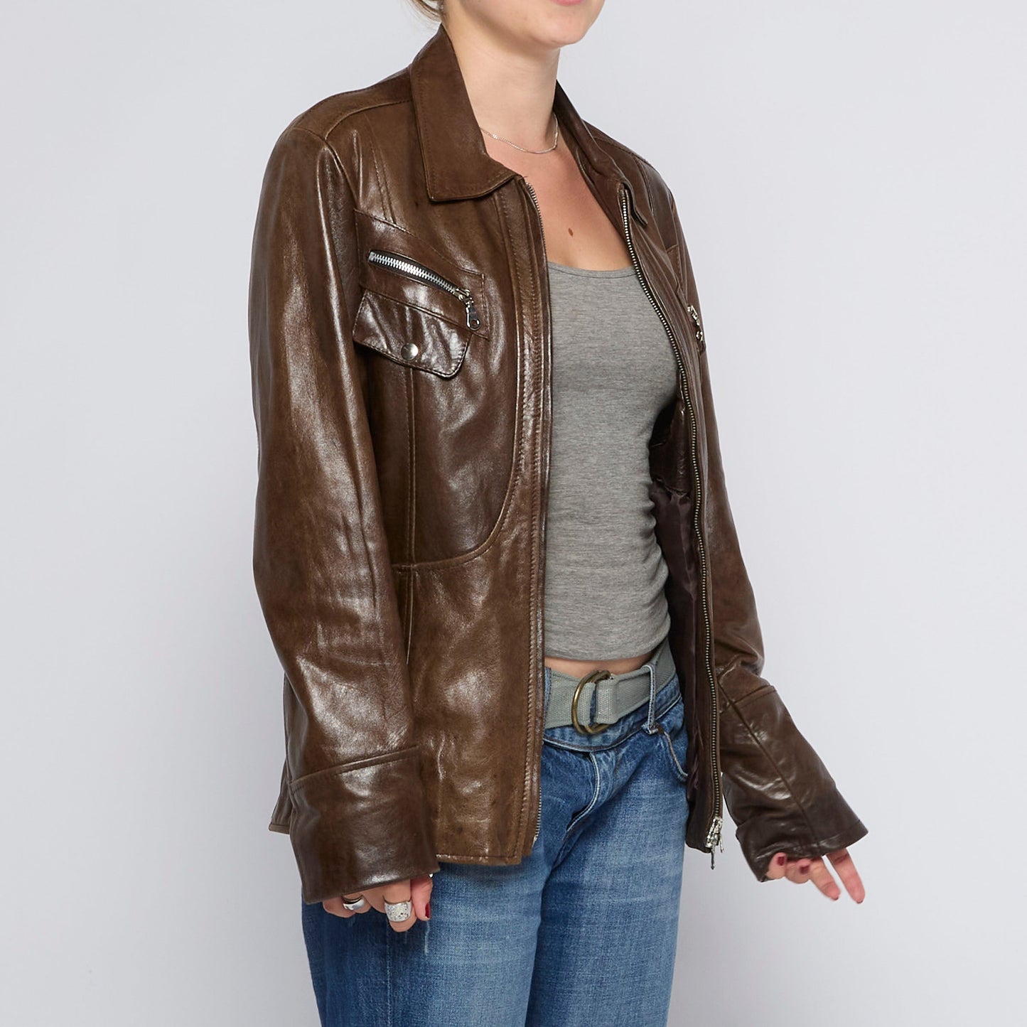 Pocket  Full Zip Leather Jacket - UK 14