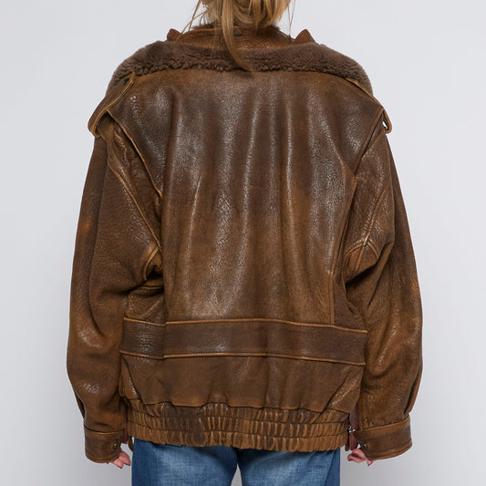 Distressed Leather Fur Trim Collar Jacket - UK 14