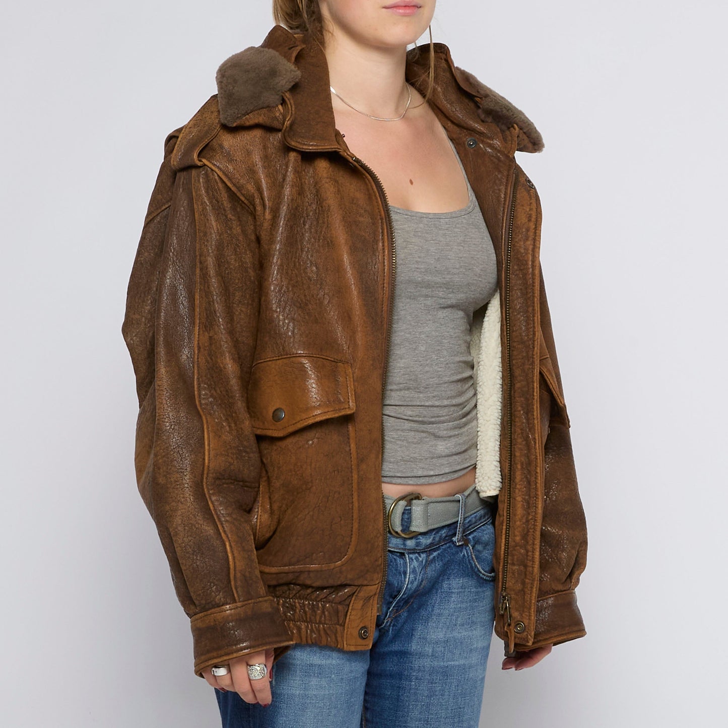 Distressed Leather Fur Trim Collar Jacket - UK 14