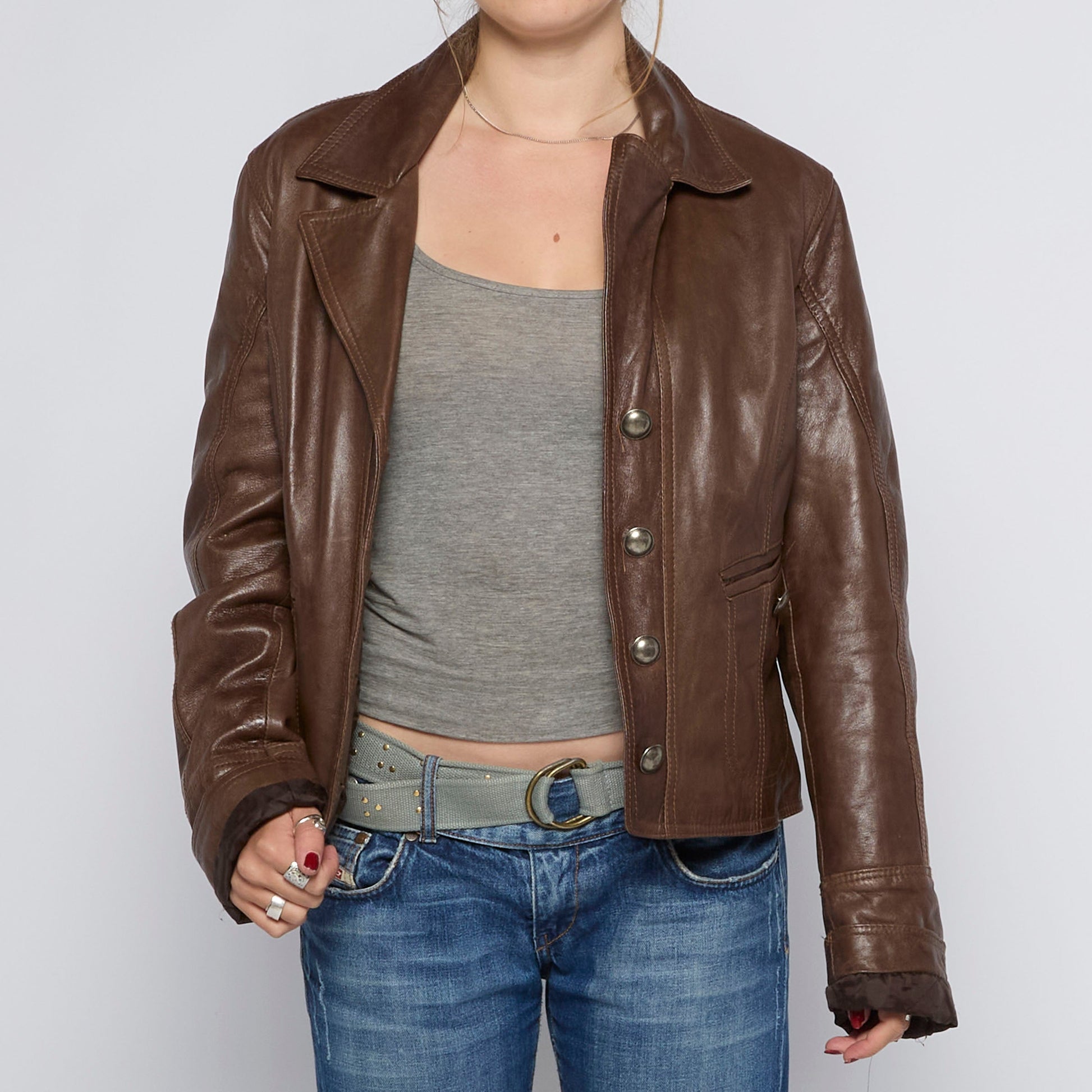 Double-Breasted Buttoned Leather Jacket - UK 14