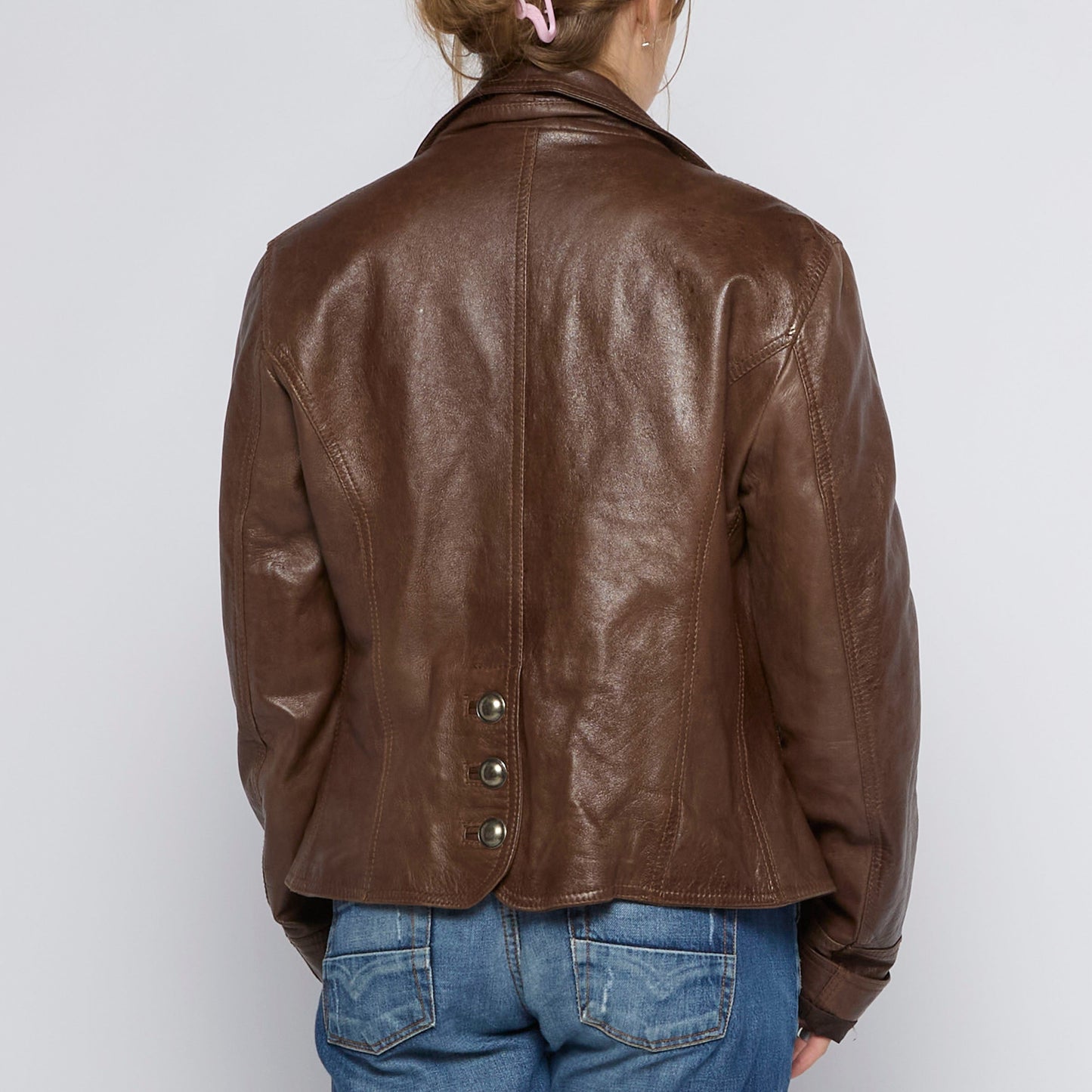 Contrast Metal Button Leather Jacket - UK 14