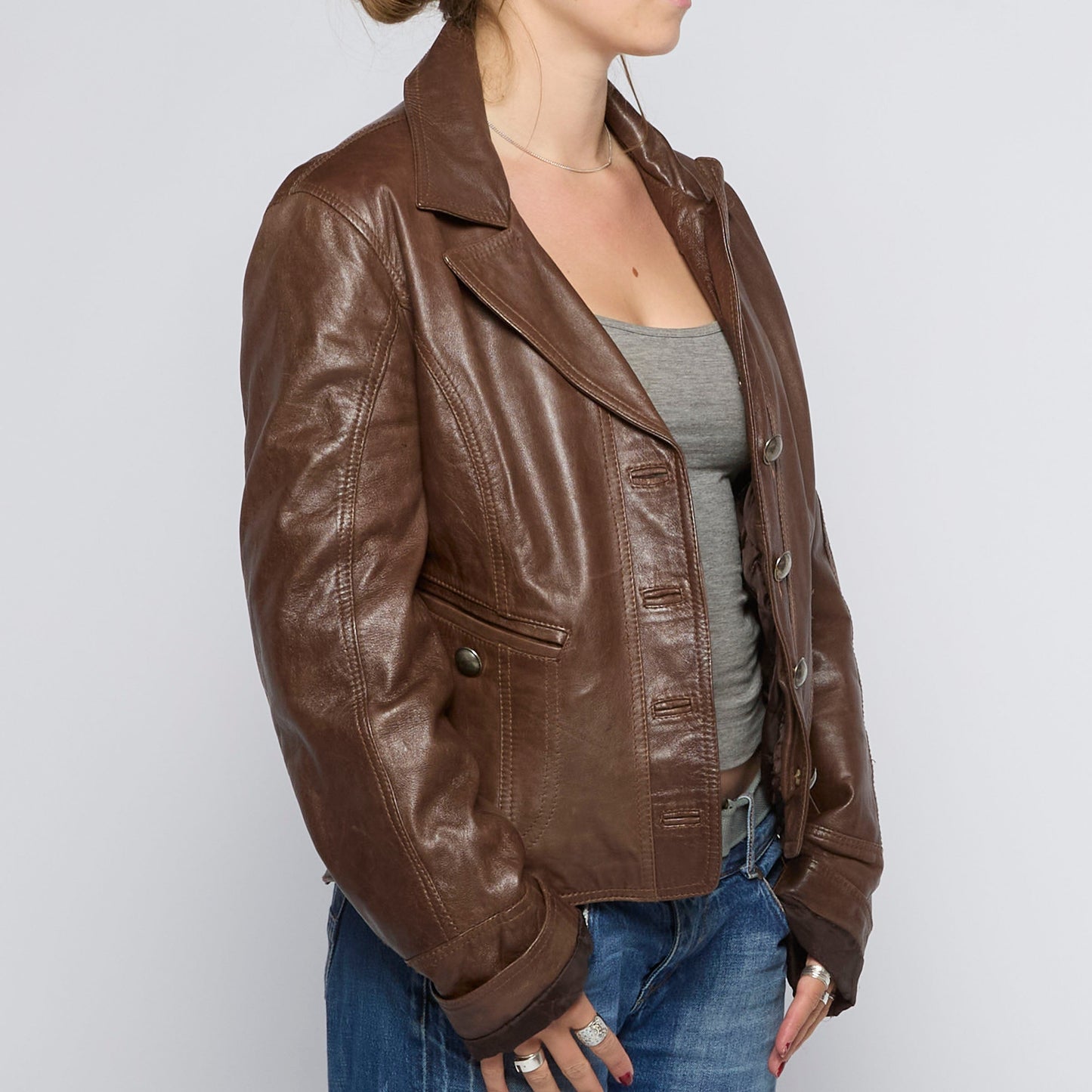 Contrast Metal Button Leather Jacket - UK 14