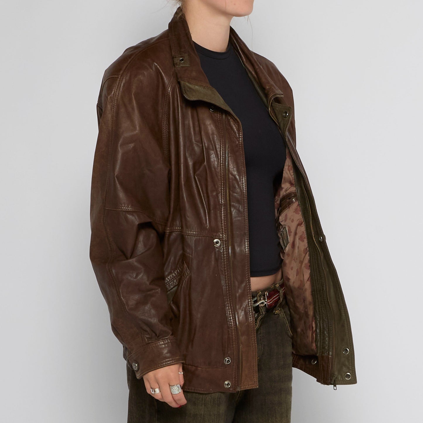 Oversized Full Zip Leather Jacket - UK 14