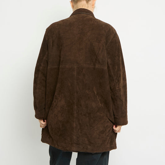 Suede Padded Shirt Style Long Jacket - UK 14