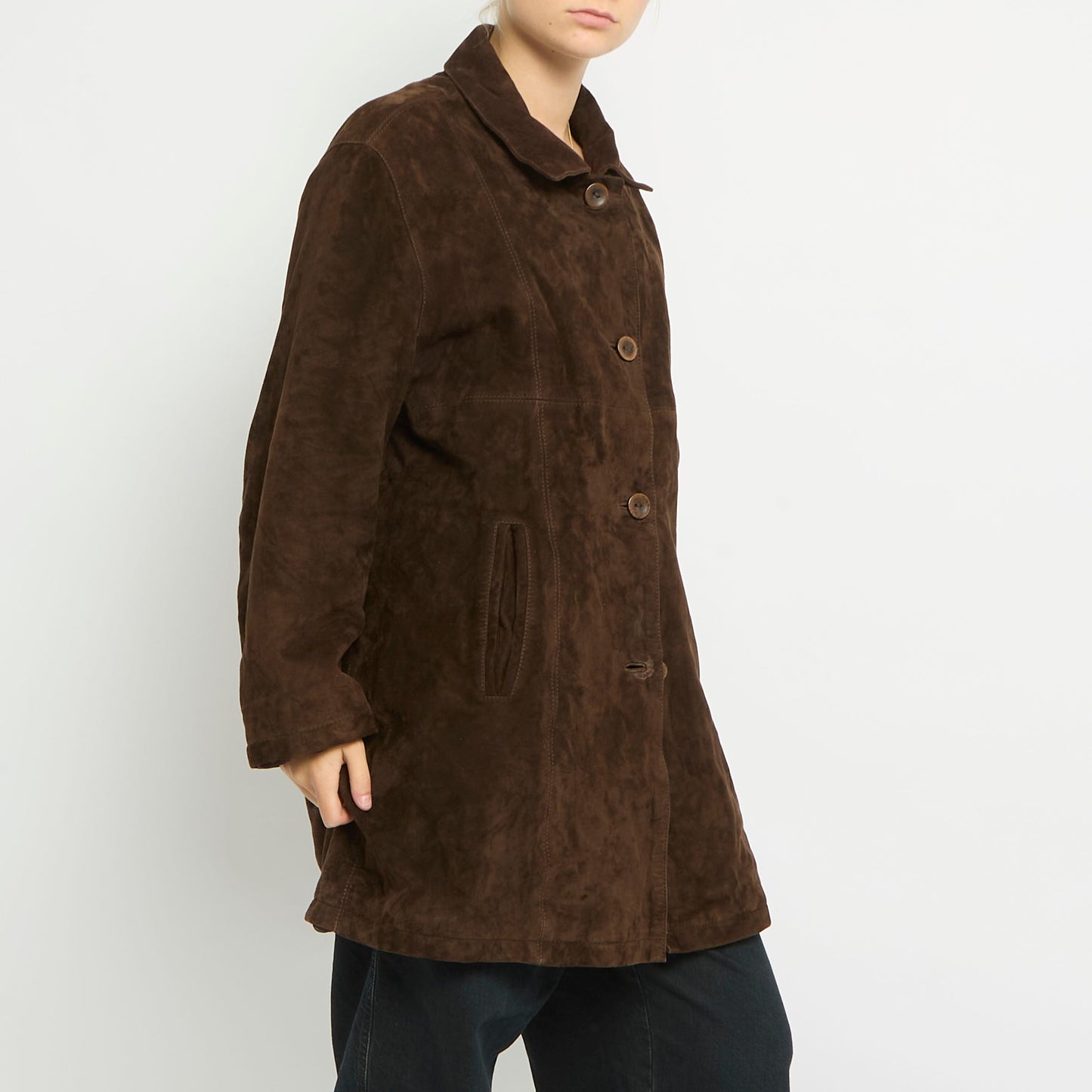 Suede Padded Shirt Style Long Jacket - UK 14