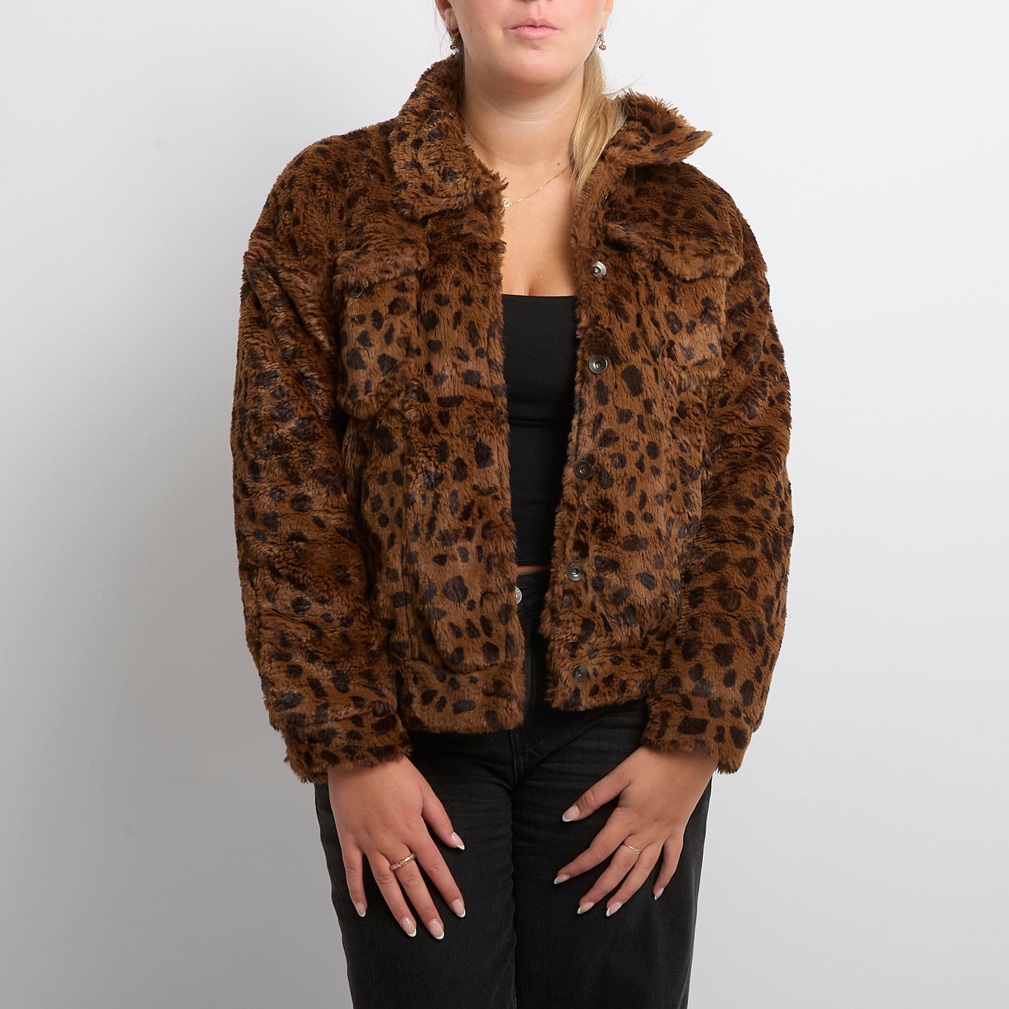 Fluffy Collared Leopard Print Jacket- UK 14