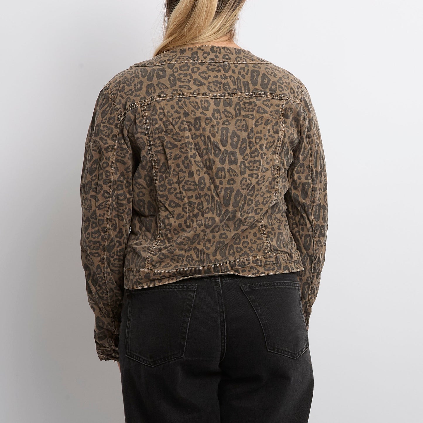 Leopard  Collarless Denim Style Jacket - UK 14