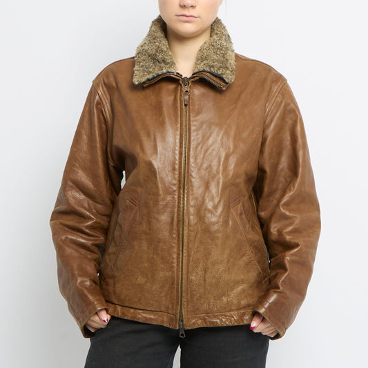 Fleece Trim Zip Up Leather Jacket - UK 14