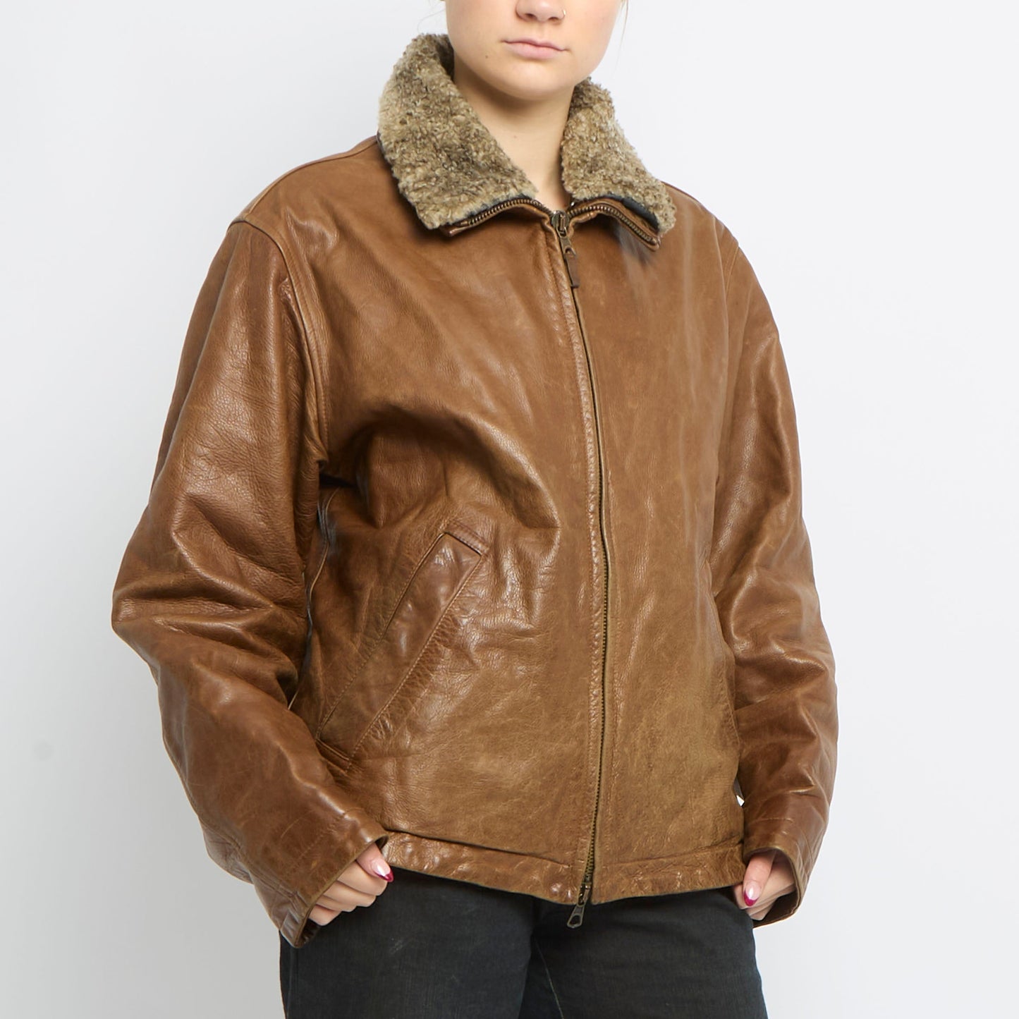 Fleece Trim Zip Up Leather Jacket - UK 14