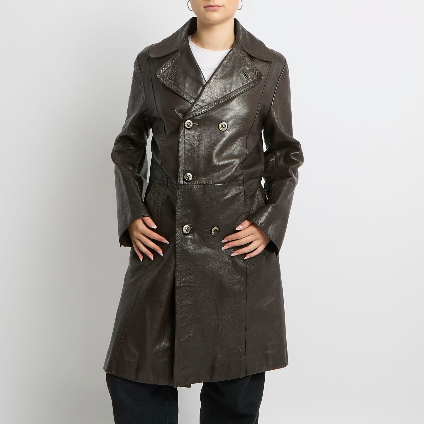 Marble Button Leather Trench Coat - UK 14