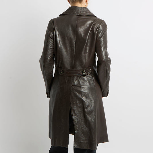 Marble Button Leather Trench Coat - UK 14