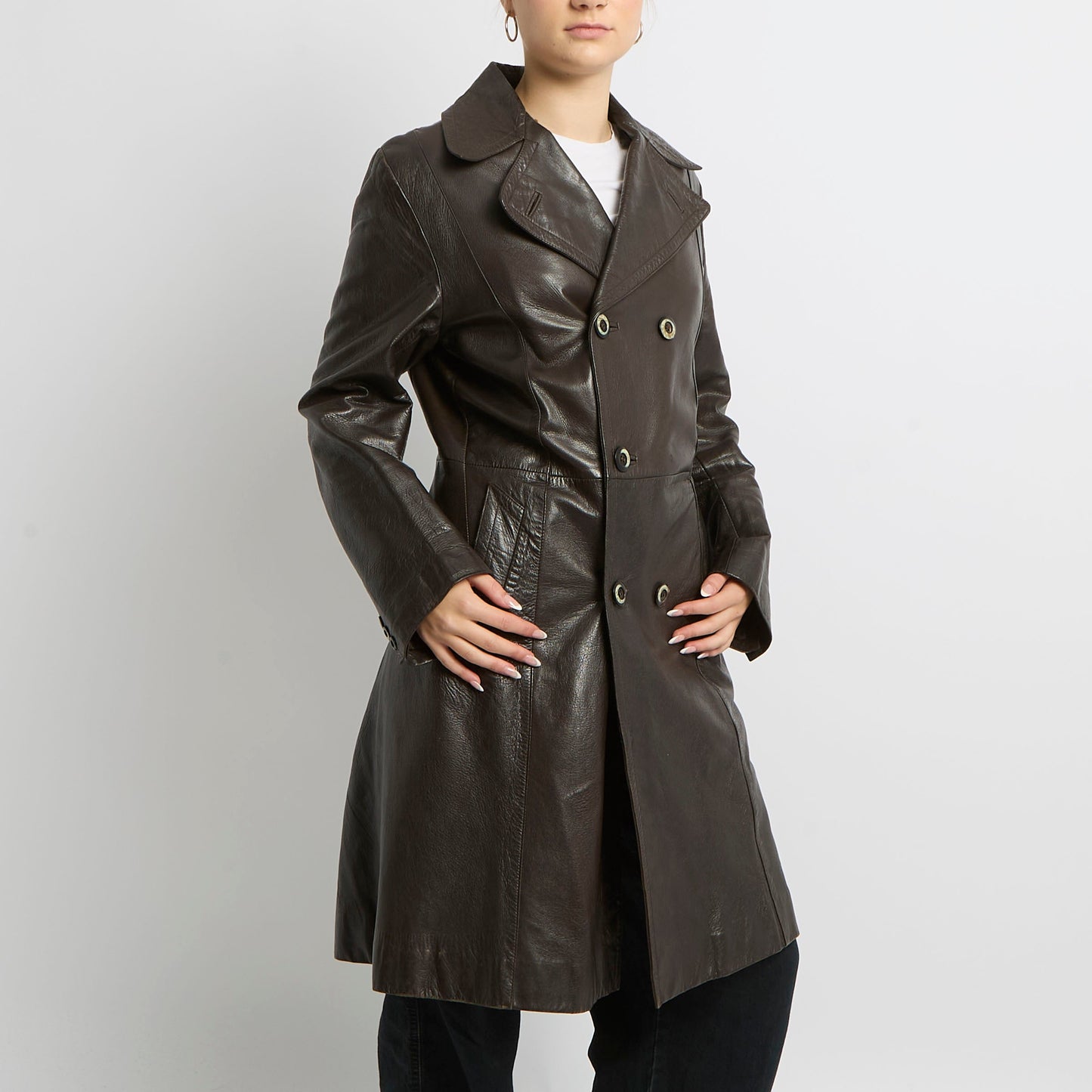 Marble Button Leather Trench Coat - UK 14