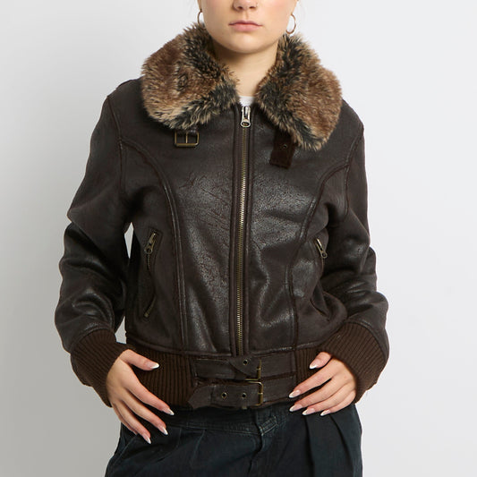 Leather Buckle Detail Fur Collar Jacket - UK 14