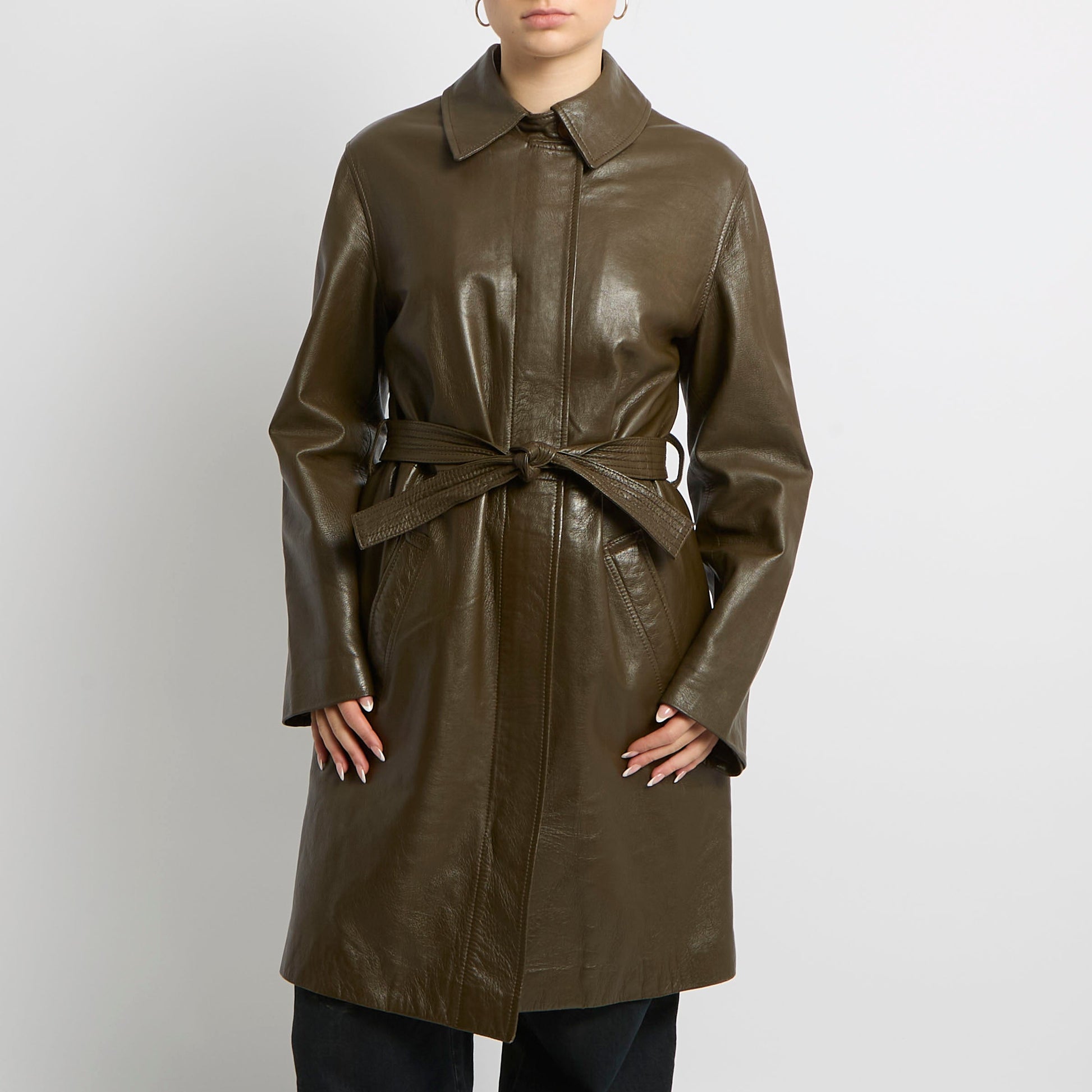 Faux Leather Belted Trench Coat - UK 14