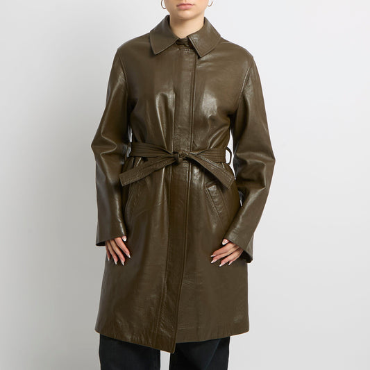 Faux Leather Belted Trench Coat - UK 14