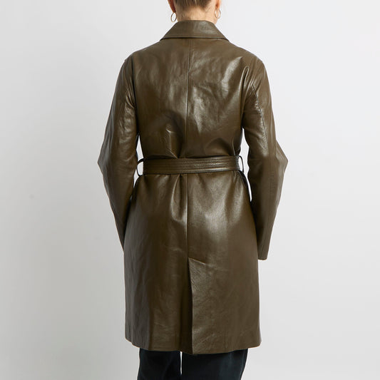 Faux Leather Belted Trench Coat - UK 14