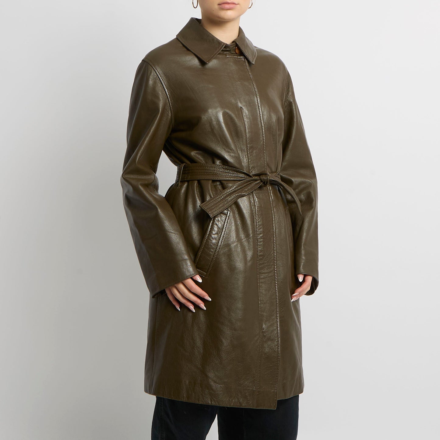 Faux Leather Belted Trench Coat - UK 14