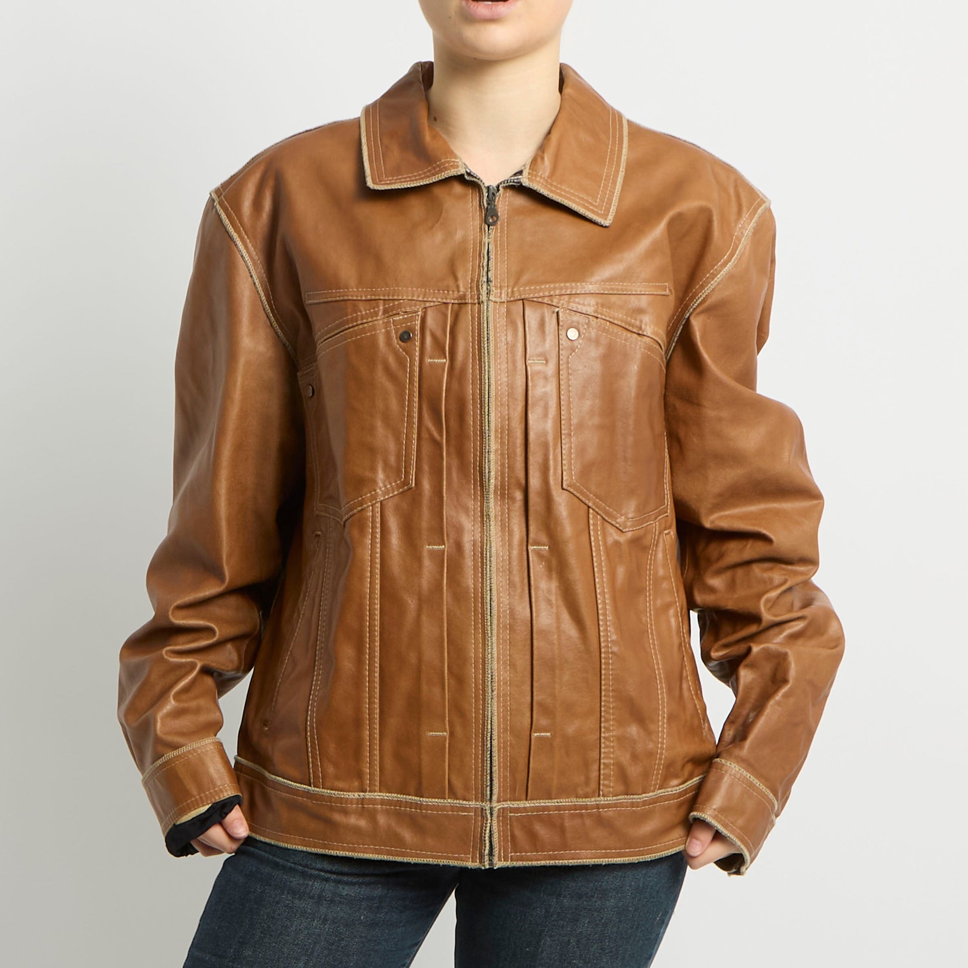 Contrast Stitch Leather Jacket - UK 14