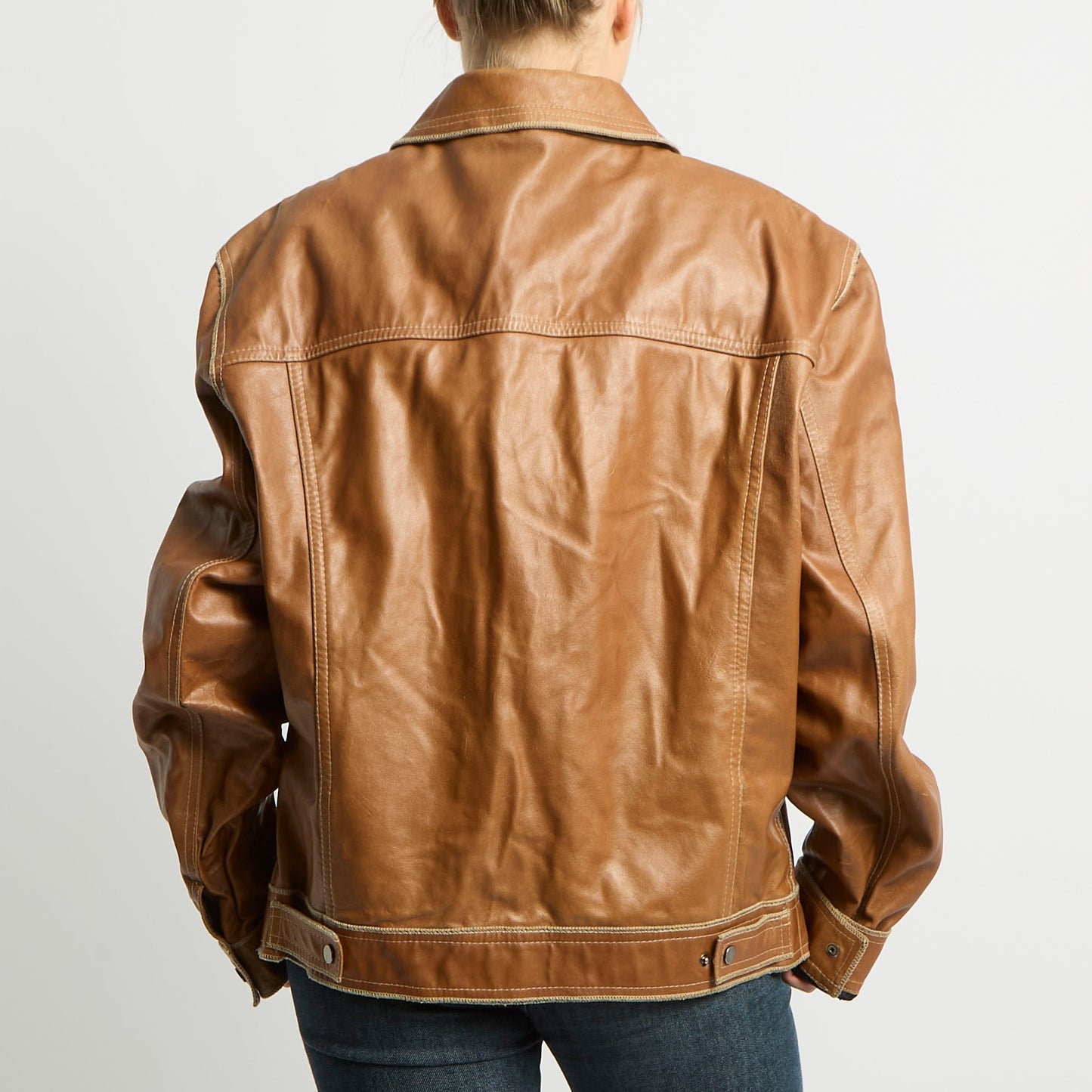 Contrast Stitch Leather Jacket - UK 14