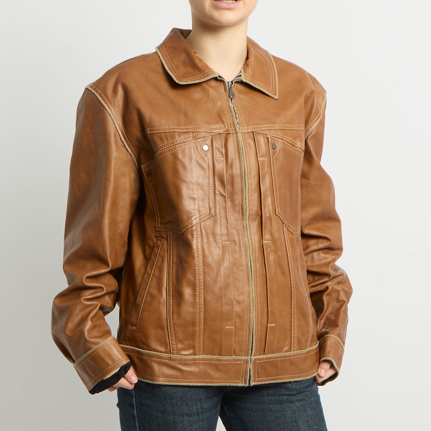 Contrast Stitch Leather Jacket - UK 14